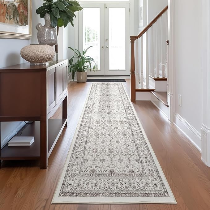 jinchan Hallway Runner Rug 3x7 - Machine Washable Beige Vintage Floral Distressed Design Soft Non-Slip Low-Pile Ultra-Thin Runner Rug for Kitchen Laundry Room Bedroom Farmhouse (3‘x7',Beige)