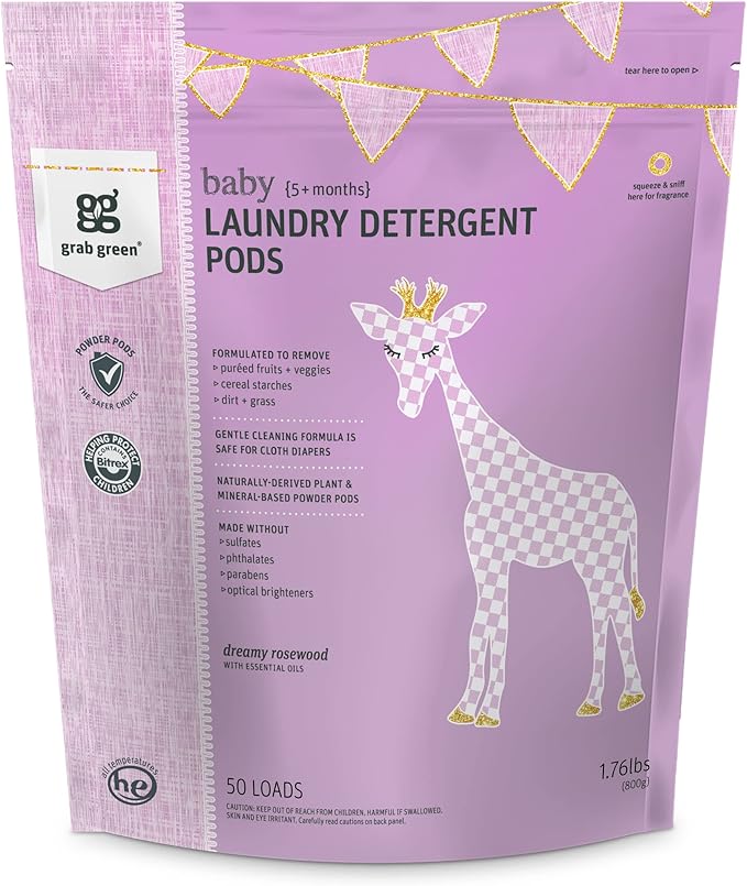 Grab Green Baby Laundry Detergent Pods, 50 Count, Dreamy Rosewood, Plant and Mineral Based, Formulated to Tackle Growing Baby (5 Months and Older) Laundry Stains