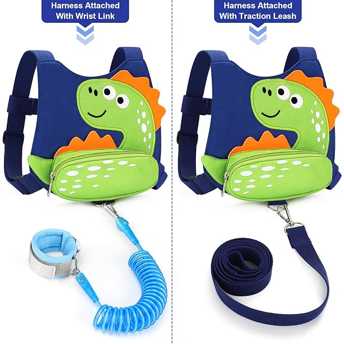 Accmor Toddler Harness Leash, Cute Dinosaur Kids Harness Children Leash with Anti Lost Wrist Link for Outdoor Travel, Adorable Child Leash Walking Harness Wristband Assistant Strap for Baby Ages1-4