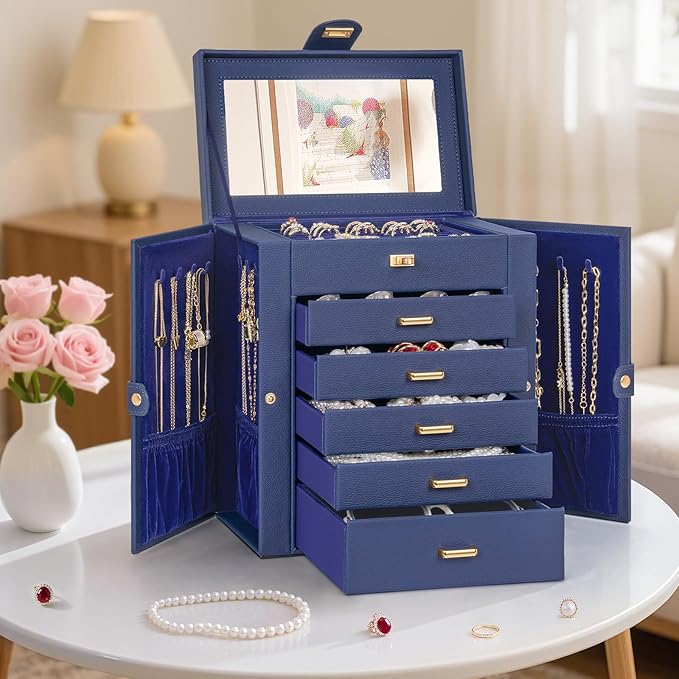AKOZLIN 6-Tier Jewelry Box Organizer Functional 5 Drawers Leather Jewelry Storage Case for Women Girls Ring Necklace Earring Bracelet Holder Organizer with Mirror Blue
