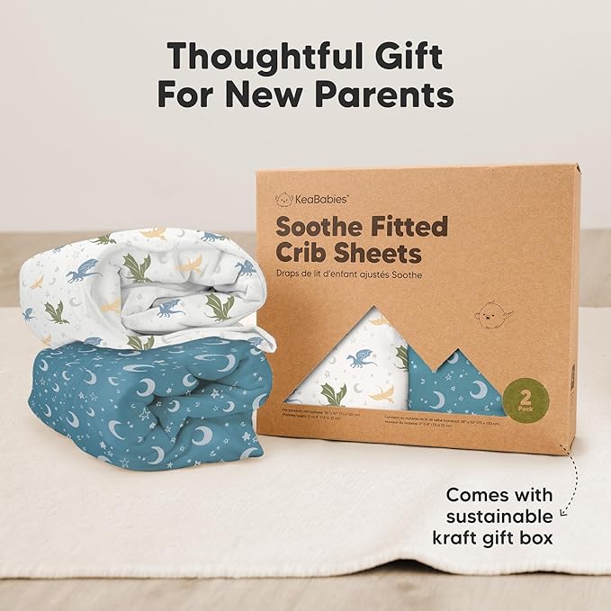 KeaBabies 2-Pack Organic Crib Sheets for Boys, Girls - 52x28 Fitted Crib Mattress Sheet Neutral, Breathable Jersey Cotton Cover for Baby Bed, Toddler Mattress, Soft & Cute Prints (Dragon Tale)