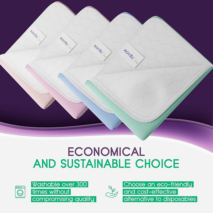 Incontinence Bed Pads - 4 Pack 24” x 36” Reusable Waterproof Mattress Protectors - Highly Absorbent, Machine Washable - for Children, Pets and Seniors - Assorted Colors - Royal Care