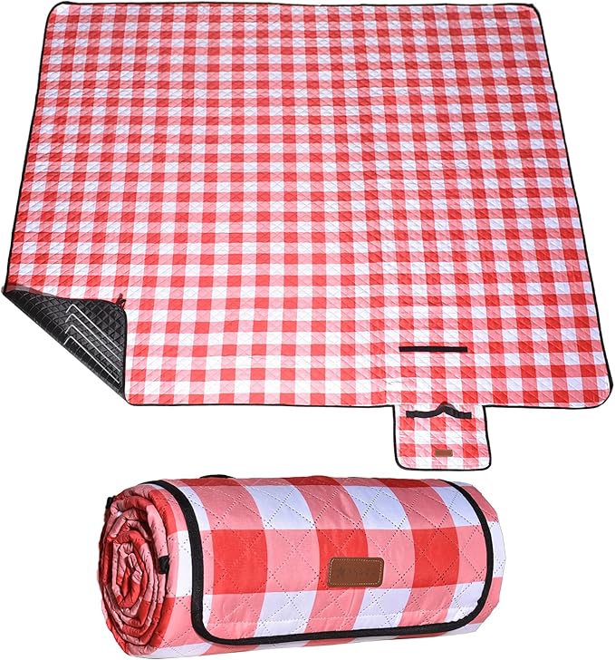 HX&OD Outdoor Picnic Blanket, Extra Large, 80''x80'' Waterproof Foldable Blankets Gingham Picnic Mat for Beach, Camping Grass Lawn Park Accessories Cute Couple Ideas Wedding (Red, 80”x80”)