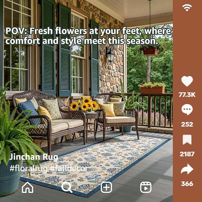 jinchan 2x5 Floral Runner Rug for Hallway Washable Kitchen Runner Vintage Romance Design Non Slip Thin Indoor Floor Cover Low-Profile Throw Carpet for Entryway Bathroom Bedroom Porch, Blue/Beige