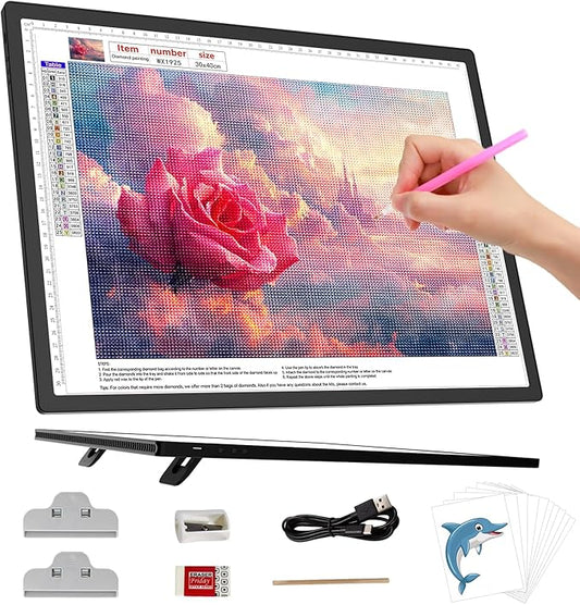 HIUKCOLED A3 Built-in Tilt Stand Light Tracing Box, 6-level＆Stepless Dimmable Adjustable Brightness Light Pad with 3 Colors,Battery Powered LED Light Board for Drawing,Diamond Painting,Sketching,X-Ray