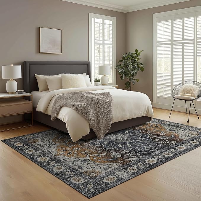 9x12 Area Rug Living Room Rugs, Stain Resistant Washable Rug, Vintage Large Non-Slip Backing, Low Pile Lightweight Print Rug for Bedroom Dinning Room Home Office (Tan/Gray)