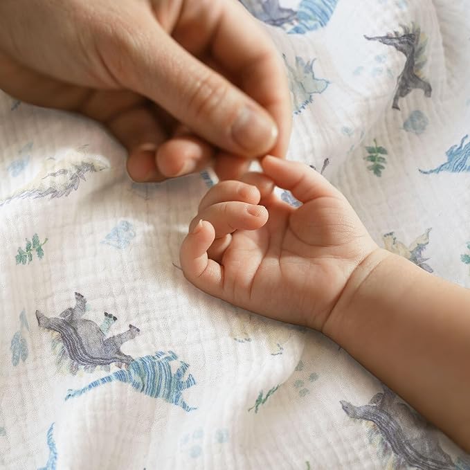 Muslin Swaddle Blankets for Newborn, 3 Pack Breathable Soft Receiving Blanket, Large 38 x 40 inches Swaddle Wrap Burping Clothes Diapers, Essentials Infant Shower Items, Toddler Gift (Blue Dinosaur)