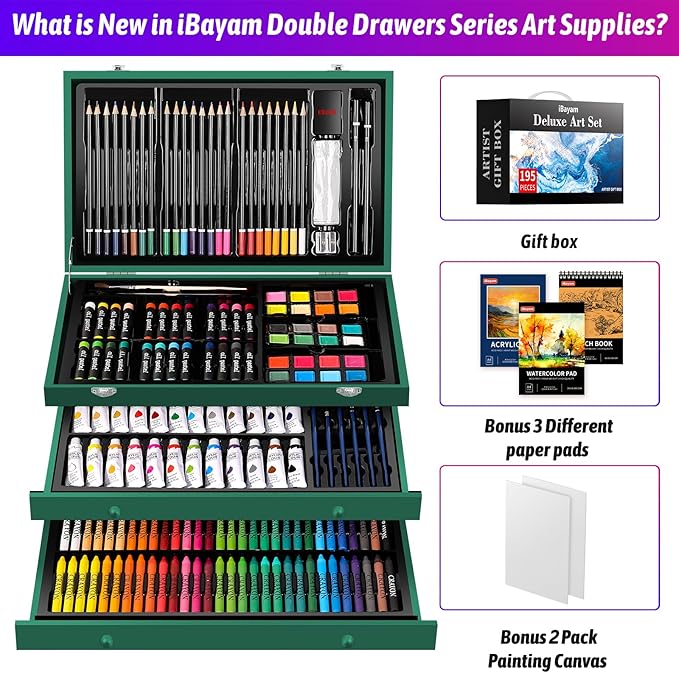 iBayam Art Kit for Kids Teens Teenage Adult, 195-Pack Drawing Coloring Sketching Art Supplies Set for Cards Rocks Eggs Canvas Ceramic Wood Anime, with Canvases, Sketchbooks, Watercolor & Acrylic Pads