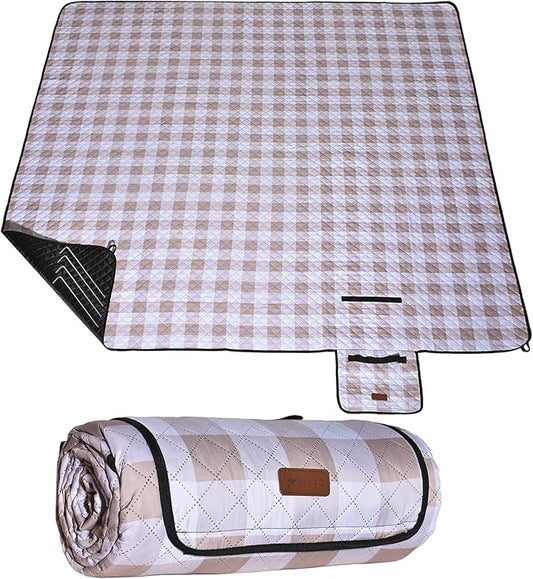 HX&OD Outdoor Picnic Blanket, Extra Large, 80''x60'' Waterproof Foldable Blankets Gingham Picnic Mat for Beach, Camping Grass Lawn Park Accessories Cute Couple Ideas Wedding (Light Brown, 80”x60”)