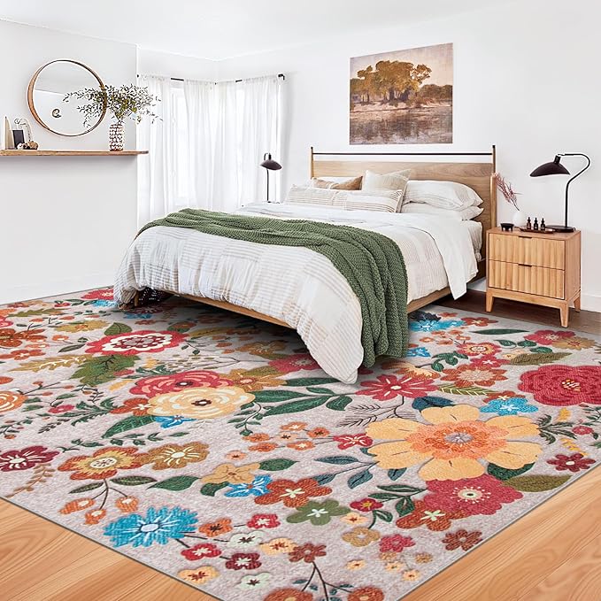 8x10 Area Rug for Living Room: Vintage Floral Washable Rug Soft Boho Non Slip Carpet Large Indoor Floor Non Shedding Low Pile Thin Carpets for Bedroom Dining Room Farmhouse Nursery Home Office Beige