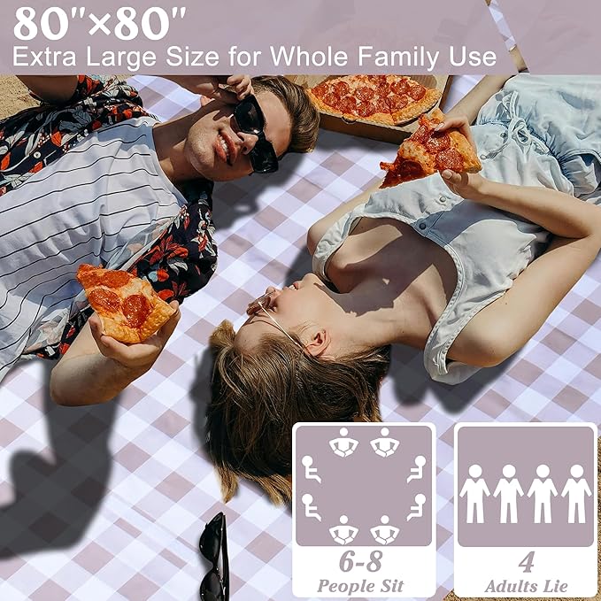 80"x80" Extra Large Waterproof Outdoor Mat - Sandproof Foldable Picnic Blanket for Family Camping, Backyard, Beach Parties - Heavy Duty & Easy Storage (Light Brown)
