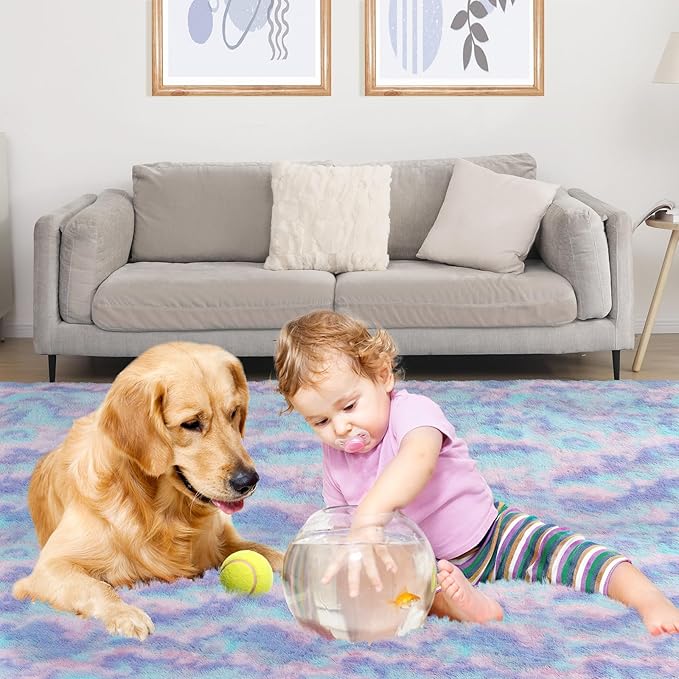 4x5.8 Rainbow Rug for Girls Room, Fluffy Area Rugs for Bedroom, Colorful Kids Rug Cute Anti-Skid Indoor Carpet for Nursery, Living Room, Playroom, Home Decor