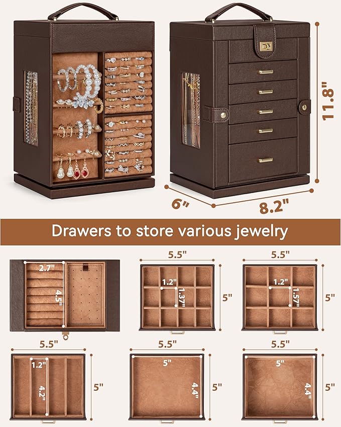 AKOZLIN 360° Rotating Jewelry Box 6-Tier Organizer Functional 360° Rotating Jewelry Storage Case for Women Girls Ring Necklace Earring Bracelet Holder with Mirror Brown