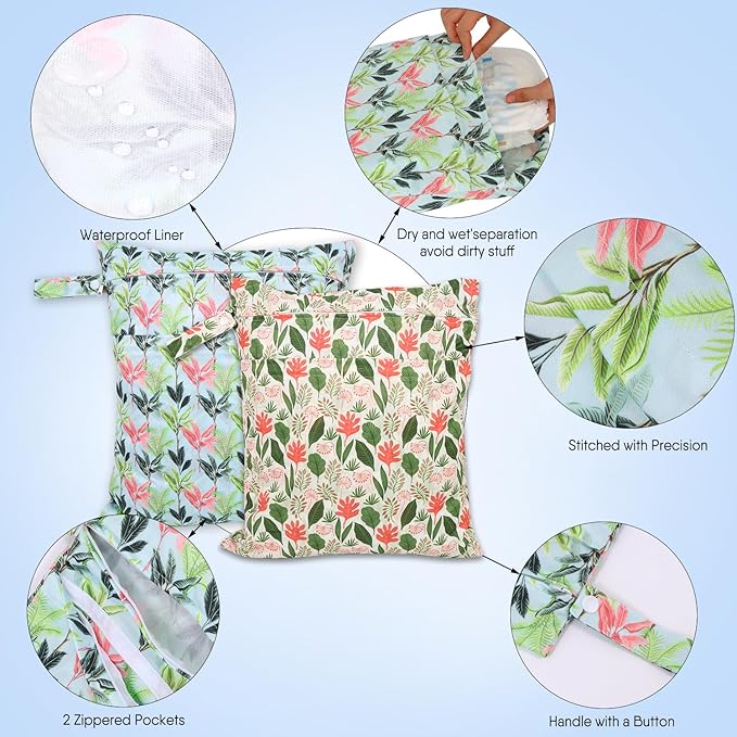 2pcs Travel Waterproof Laundry Bag, Cloth Diaper Wet Dry Bags with Handle & 2 Zipper Pockets, Reusable Washable Dirty Clothes Bag for Baby Adult Travelling Hanging, Bathing Beach Pool Daycare
