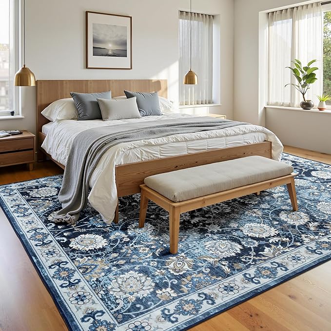 6x9 Area Rug for Living Room & Bedroom, Washable Non-Slip Vintage Rugs, Floral Soft Carpet, Low Pile Wool Carpets for Indoor Dining Home Office Playroom Under Table, Modern Decor, Blue Garden