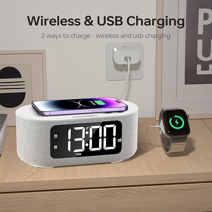 JALL Fabric Alarm Clock for Bedroom, with Big Led Screen Display, Bluetooth Stereo Sound Speaker, FM Radio, Fast Wireless Charging, USB Charging Port, Nightlight, White Noise, Ideal for Gift, Gray