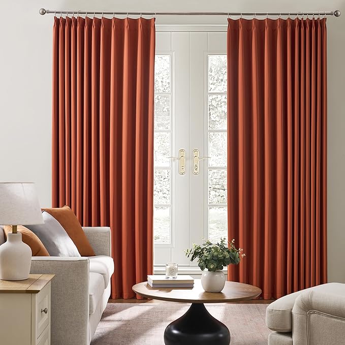 KEQIAOSUOCAI 90 Inch Burnt Orange Pleated Curtains for Living Room 2 Panels Set Fall Bohemian Decor Boho Copper Window Drapes for French Door Living Room Pinch Pleat with Hooks,W40 x L90