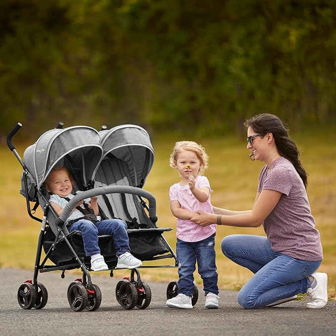 Dream On Me Volgo Twin Umbrella Stroller in Gray, Lightweight Double Stroller for Infant & Toddler, Compact Easy Fold, Large Storage Basket, Large and Adjustable Canopy