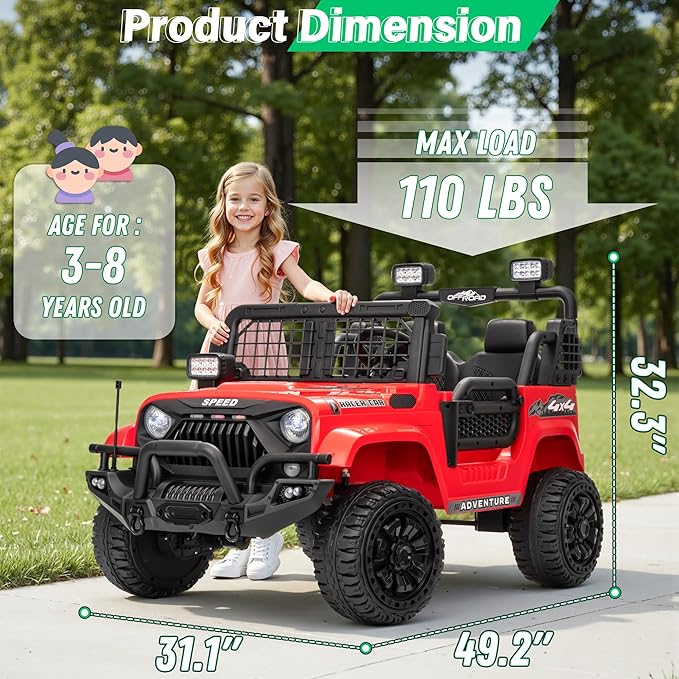 2 Seater Ride On Car Truck with Remote Control XL, Kids 24V Battery Powered Electric Vihicle w/21 in Seat, 3 Speeds, 2WD/4WD Switichable, Shock Absorbers,Bluetooth, Flower, Gift Choice