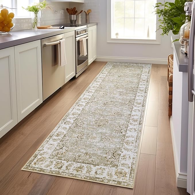 jinchan Hallway Runner Rug 3x8 Machine Washable Runner Rug Taupe Vintage Floral Design Non-Slip Low Pile Ultra-Thin for Kitchen Laundry Room Bedroom Farmhouse (3‘x8',Taupe)