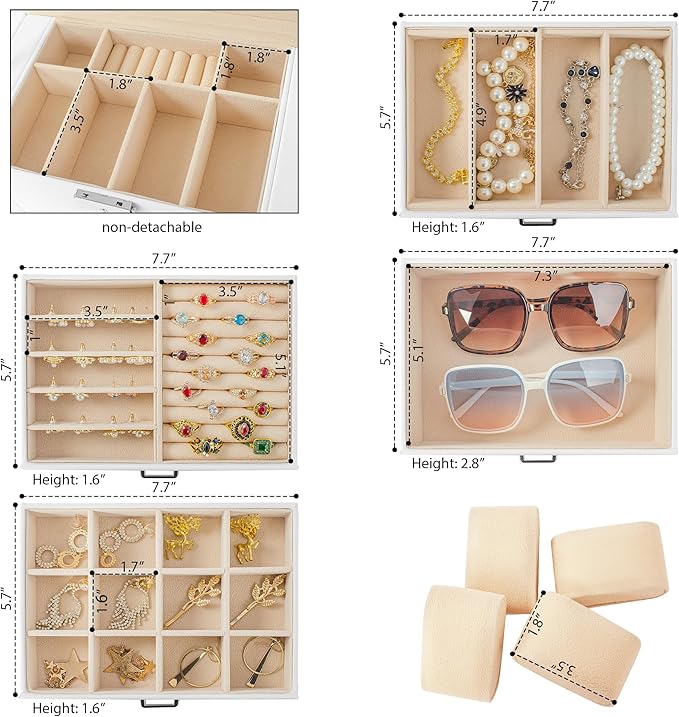 AKOZLIN 5-Tier Jewelry Box Lockable Leather Jewelry Storage Case with 4 Drawers for Women Girls Ring Necklace Earring Bracelet Watches Holder Organizer with Mirror