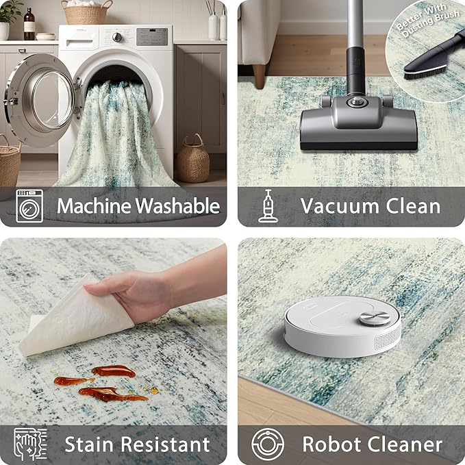 5x7 Area Rugs for Lliving Room Bedroom, Abstract Washable Rugs with Non-Slip Backing, Stain Resistant Thin Carpet for Dorm Dining Room Table Nursery Indoor Home Office-Blue/Gray