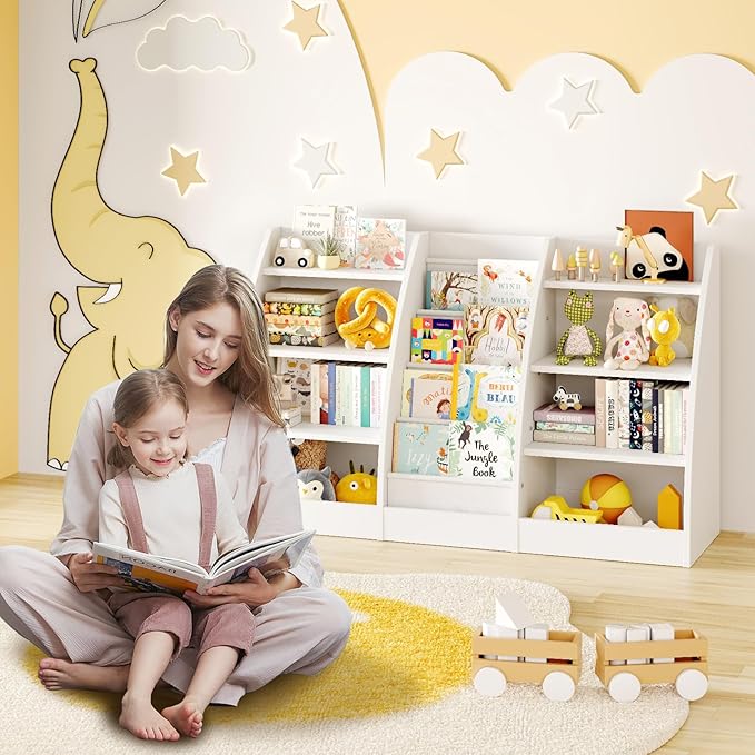 4 Tier Kids Bookshelf Set of 2, 4 Layer Sling Kids Book Shelf for Kids Rooms, XL Wood Children Bookcase,Baby Storage Book Rack,Toddler Bookshelf, Book and Toy Organizer,Book Display Shelf for Nursery