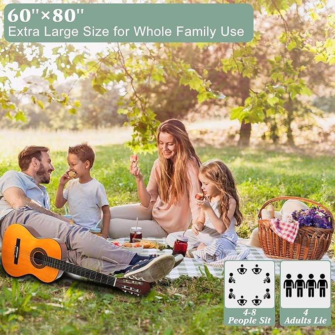 HX&OD Outdoor Picnic Blanket, Extra Large, 80''x60'' Waterproof Foldable Blankets Gingham Picnic Mat for Beach, Camping Grass Lawn Park Accessories Cute Couple Ideas Wedding (Green, 80”x60”)