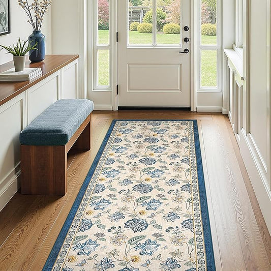 jinchan 3x8 Floral Runner Rug for Hallway Washable Kitchen Runner Vintage Romance Design Non Slip Thin Indoor Floor Cover Low-Profile Throw Carpet for Entryway Bathroom Bedroom Porch, Blue/Beige