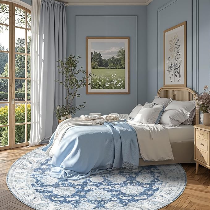 jinchan Round Rug 8ft Area Rug - Dark Blue Vintage Floor Mat Kitchen Indoor Ultra-Thin Soft Floral Print - Washable Circle 8' Retro Accent for Farmhouse Non Slip Dining Room Living Room Bedroom Office