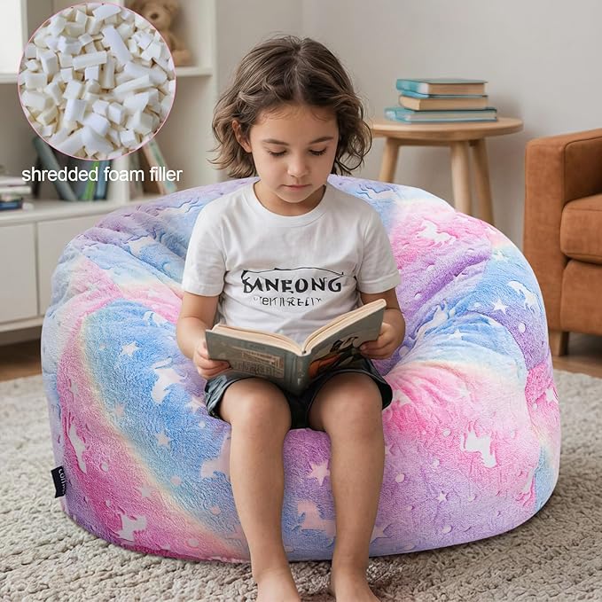 Kids Bean Bag Chair Turn into Beanbag Bed, Unicorn Toddler Bean Chair for Girl Boy Sleeping, Lazy Children Bean Bags with Filler, Convertible Child Floor Mattress, Colorful Rainbow