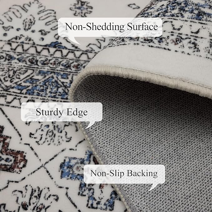 4x6 Washable Area Rug for Living Room, Carpet for Bedroom, Soft Faux Wool Retro Dining Room Rug, Non Slip&Non-Shedding Resistant Low Pile Vintage Print Rug for Home Office (White Cream/Gray)