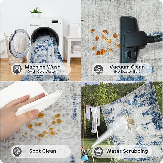 9x12 Area Rugs for Living Room Rug Washable: Modern Large Rug for Dining Room Bedroom Carpet Non Slip 9 by 12 Indoor Abstract Nursery Home Office Blue White