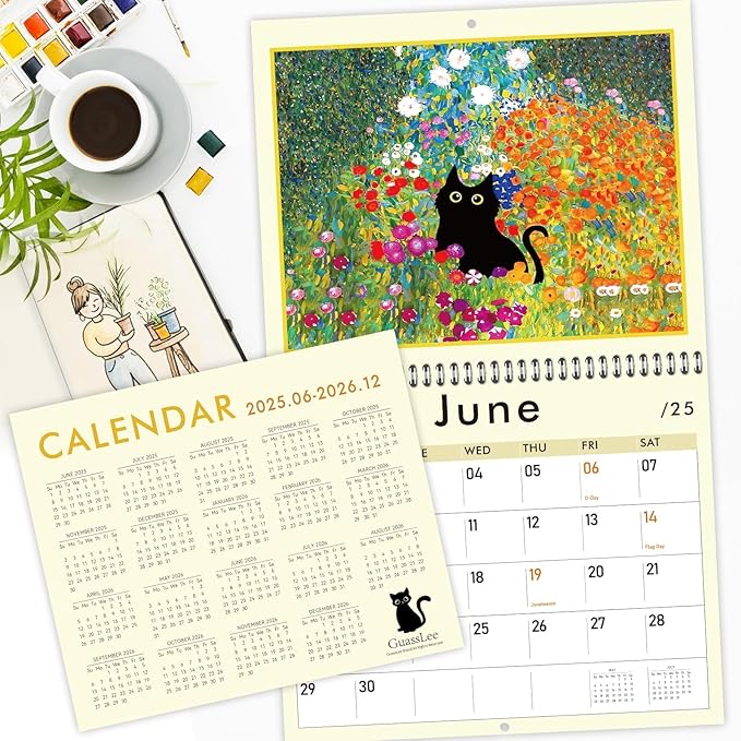 GuassLee Cat Wall Calendar 2025-2026, Vertical Wall Calendar 2025, 19-Months Hanging Art Calendar Jun. 2025 to Dec. 2026, 14" x 23" Monthly Planner Wall with Thick Paper for Office School Home Teacher