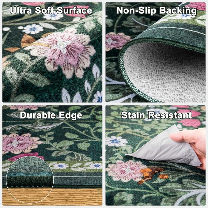 6x9 Area Rugs for Living Room: Floral Washable Rug Vintage Large Soft Boho Non-Slip Carpet Indoor Stain Resistant Thin Carpets for Bedroom Dining Room Farmhouse Nursery Hallway Home Office Dark Green
