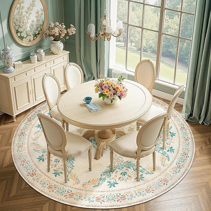jinchan Round Rug 7ft Area Rugs,Vintage Floral Distressed Design Machine Washable Soft Non-Slip Low-Pile Ultra-Thin Circle Rug for Living Room Dining Room Bedroom Home Office (7' Round,Apricot Multi)