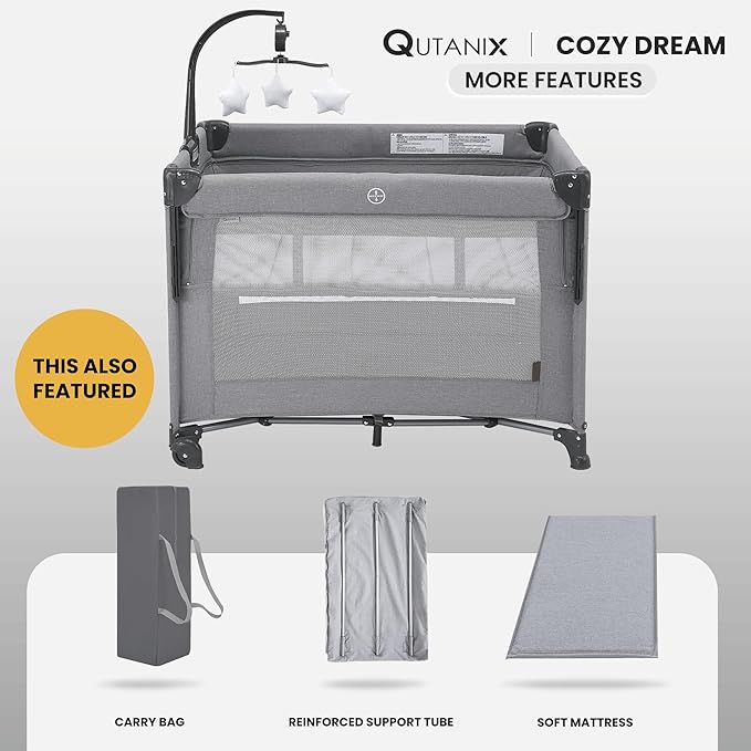 2-in-1 Baby Playard, Pack and Play Bassinet, Easy Folding Portable Crib with Music Mobile for Newborn to Toddlers (Grey)