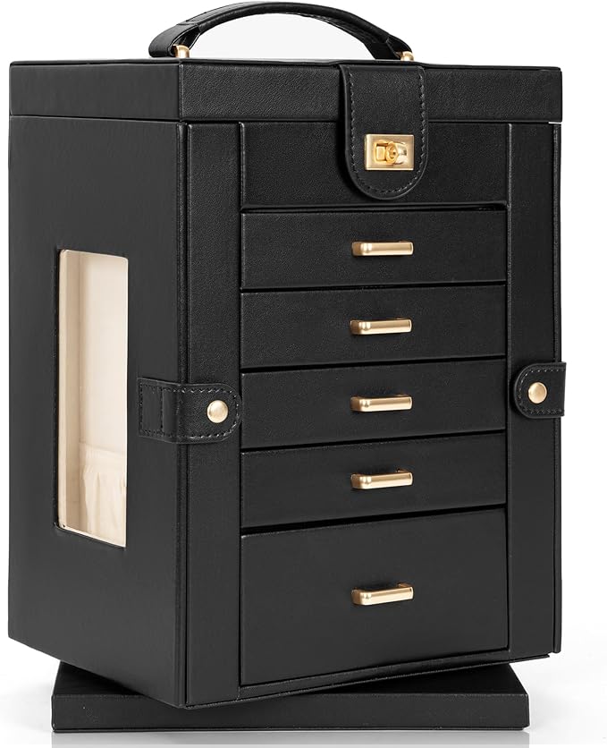 AKOZLIN Jewelry Box 6-Tier Organizer Functional 360° Rotating Jewelry Storage Case for Women Girls Ring Necklace Earring Bracelet Holder with Mirror