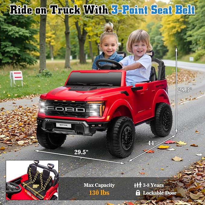 24V Ride on Car Licensed Ford F-150 Raptor, Kids Electric Car with Remote Control, LED Light/Music/MP3, Truck Bed Storage, 3-Point Seat Belt (24V, Red)