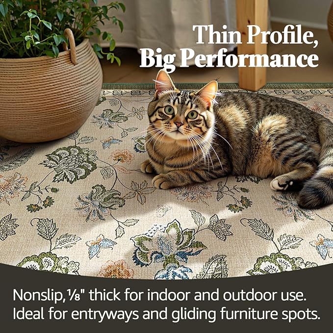 jinchan Floral Corner Rug for Living Room Washable Bedroom Rug Vintage Romance Design Non Slip Quarter Circle Lightweight Low-Pile Throw Carpet for Reading Nook Playroom,7ft Radius, Green/Beige