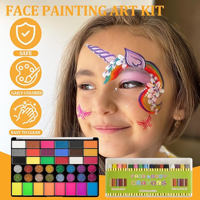 42 Color Face Painting Kit for Kids-Non Toxic Water Activated Face Paint Palette with 16 Crayons,6 Reusable & 63 Sticky Stencils,Brushes,Gems.Ideal Choice for Carnival,Halloween,Parties,Makeup etc.