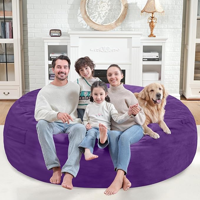 7FT Bean Bag Chair, Large Bean Bag Chairs with Memory Foam Filled, Fluffy Beanbag Sofa with Dutch Velvet Cover, Round BeanBag Chairs for Living Room, Playroom - Purple