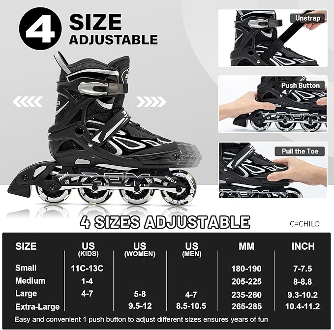 2PM SPORTS Vinal Girls Adjustable Flashing Inline Skates, All Wheels Light Up, Fun Illuminating Skates for Kids Men Adult Women and Boys