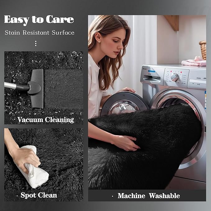 2x6 Runner Rug for Bedroom: Fluffy Shag Soft Washable Rugs Small Fuzzy Plush Indoor Carpet for Hallway Bedside Dorm Kids Girls Boys Room (Black, 2'x6')