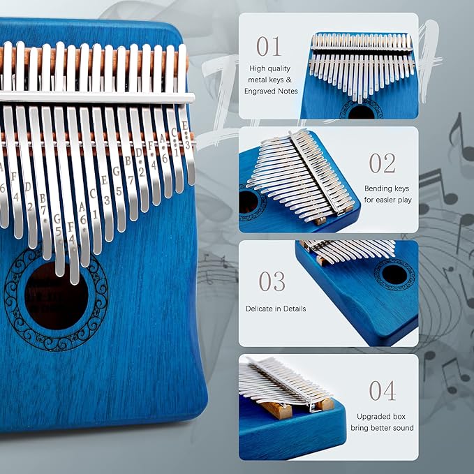 Kalimba Thumb Piano,YUNDIE Portable 21 Keys Mbira Finger Piano with Tune Hammer and Study Instruction,Musical Instruments Gift for Kid Adult Beginners Professional(Blue)