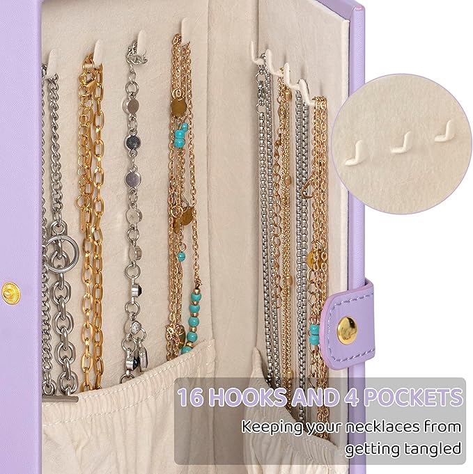 AKOZLIN Jewelry Box Organizer Functional Leather Jewelry Storage Case for Women Girls Ring Necklace Earring Bracelet Holder Organizer with Mirror Purple