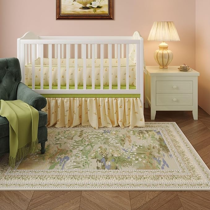 4x6 Rug for Bedroom Impressionist-Style Vintage Washable Rugs Non Slip Low Pile Small Carpet for Bedside Kids Room Office Dining Room, Beige