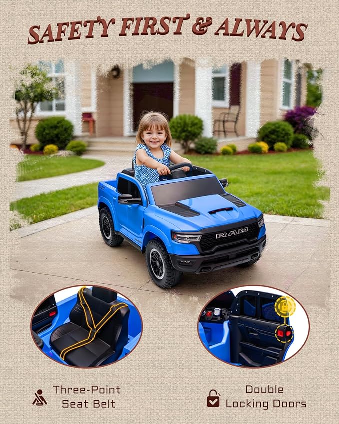 12V Kids Electric Vehicles, Licensed Ram 1500 RHO Kids Ride on Truck with Remote Control, Ride on Car for Children with Smooth Start, Truck Bed Storage, Bluetooth, Aux Port (Blue)