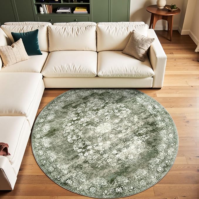 jinchan Round Rug 6ft Area Rug - Green Vintage Floor Mat Kitchen Indoor - Washable Circle 6' Thin Floral Print Carpet Retro Farmhouse Non Slip Dining Room Living Room Bedroom Office