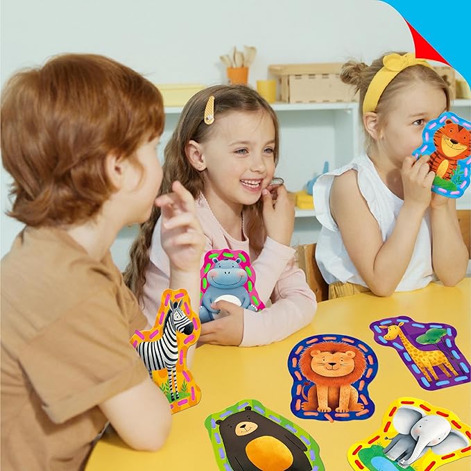 9 PCS Kids Lacing Cards, 9 Double Sided Wild Animals Sewing Cards with 9 Colorful Laces, Educational & Learning Toys for Preschoolers, Kids Ages 3+